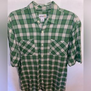 Carhartt Casual Shirt Men’s Size Medium Green Striped Button Up Short Sleeve